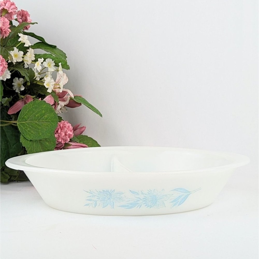 Vintage Glasbake Blue Thistle Oval Divided Baking Dish Serving Bowl Milk Glass